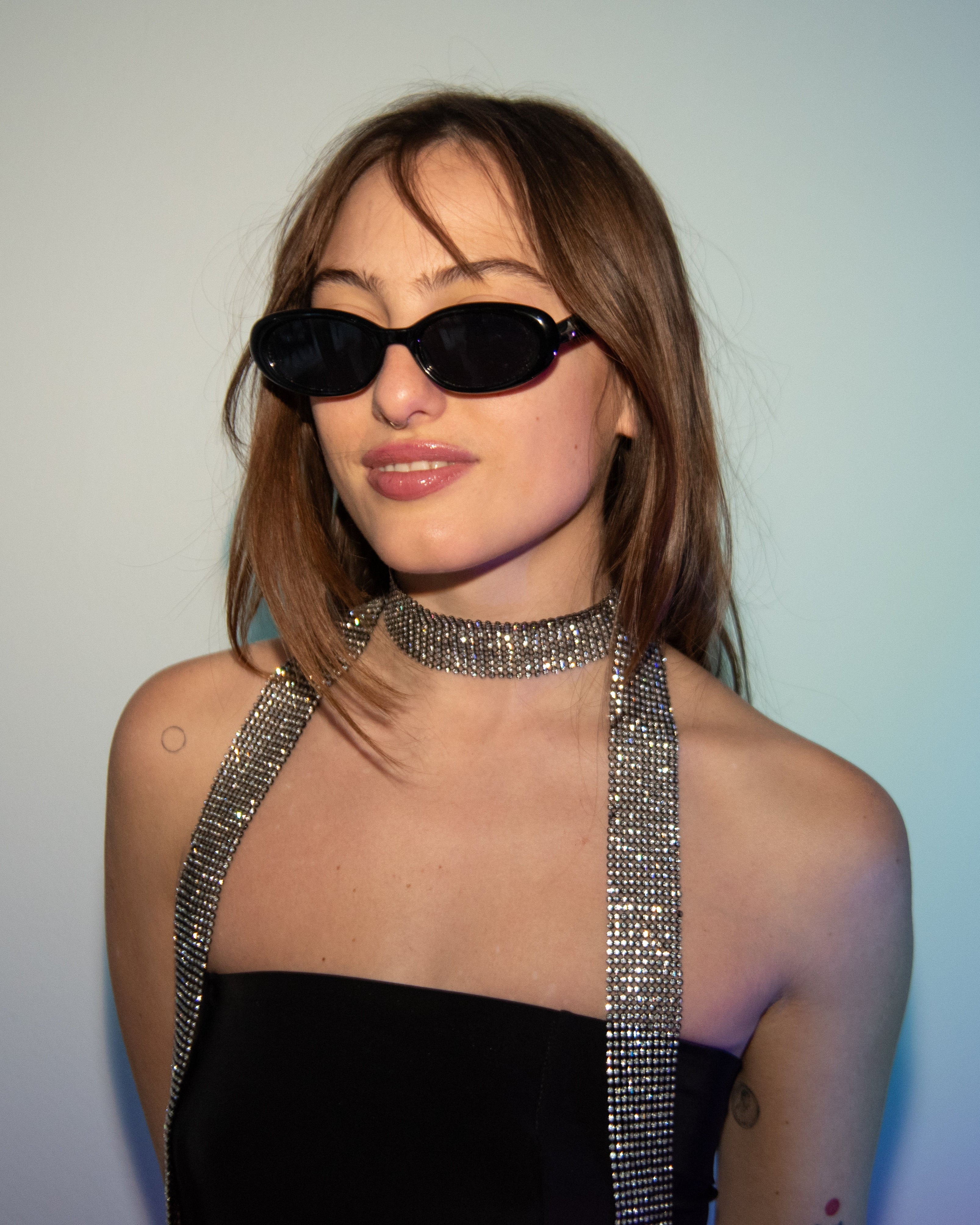 Chainmail Necklace Scarf. Crystal Mesh in Black