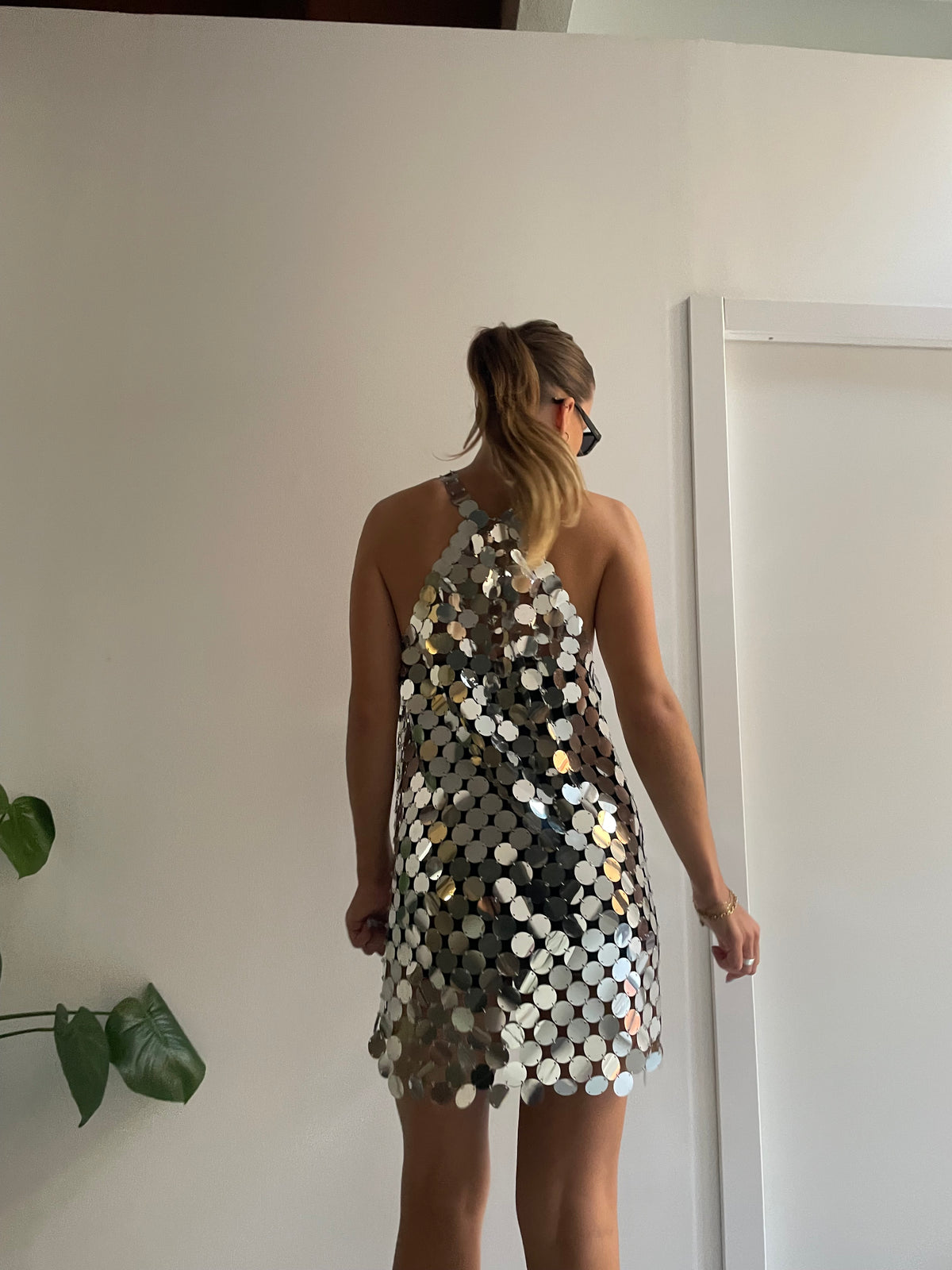 Disc Sequin Halter Dress - Silver