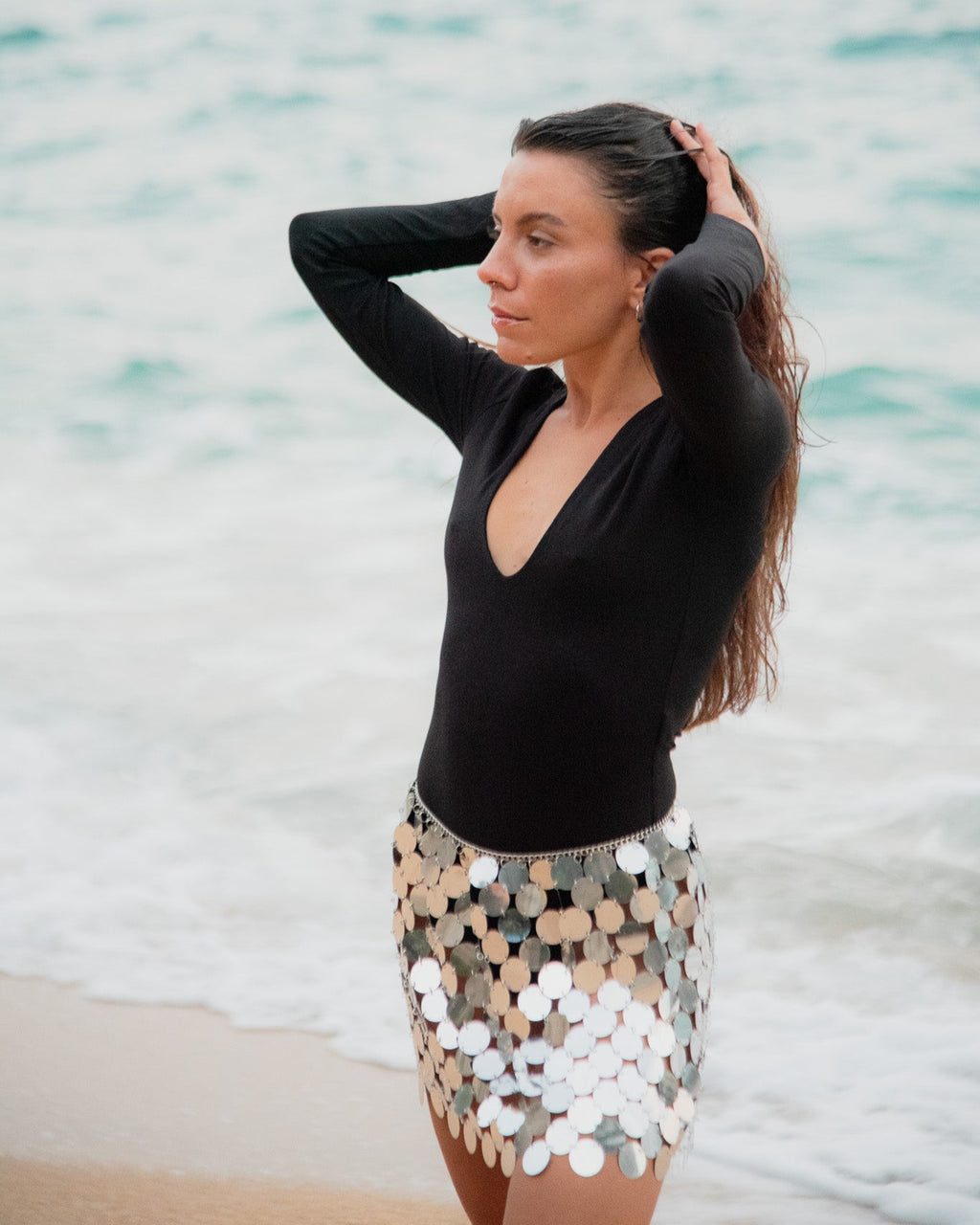 Sequin Disc Skirt in Silver