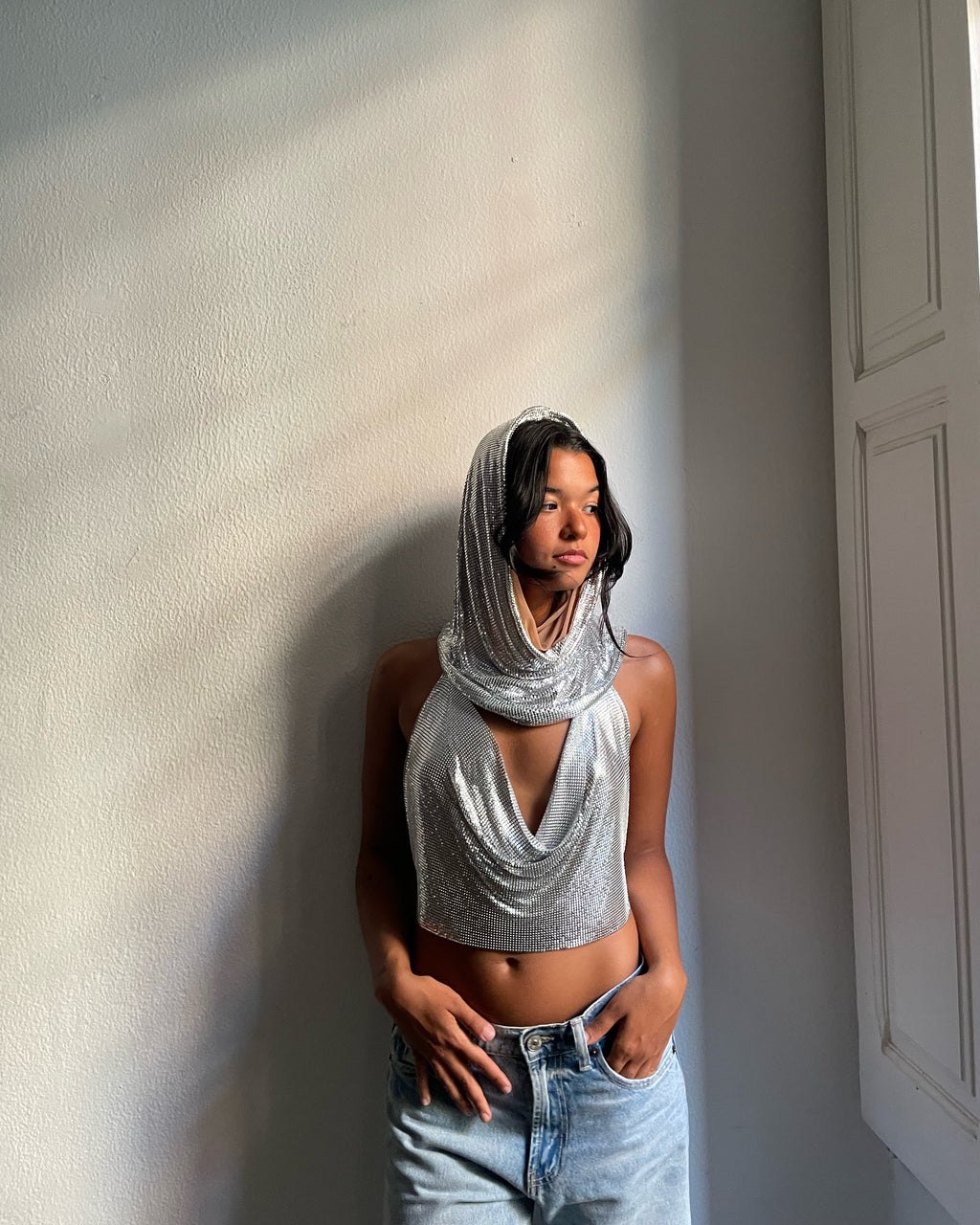 Venus Chainmail Mesh Hood Top in Silver.