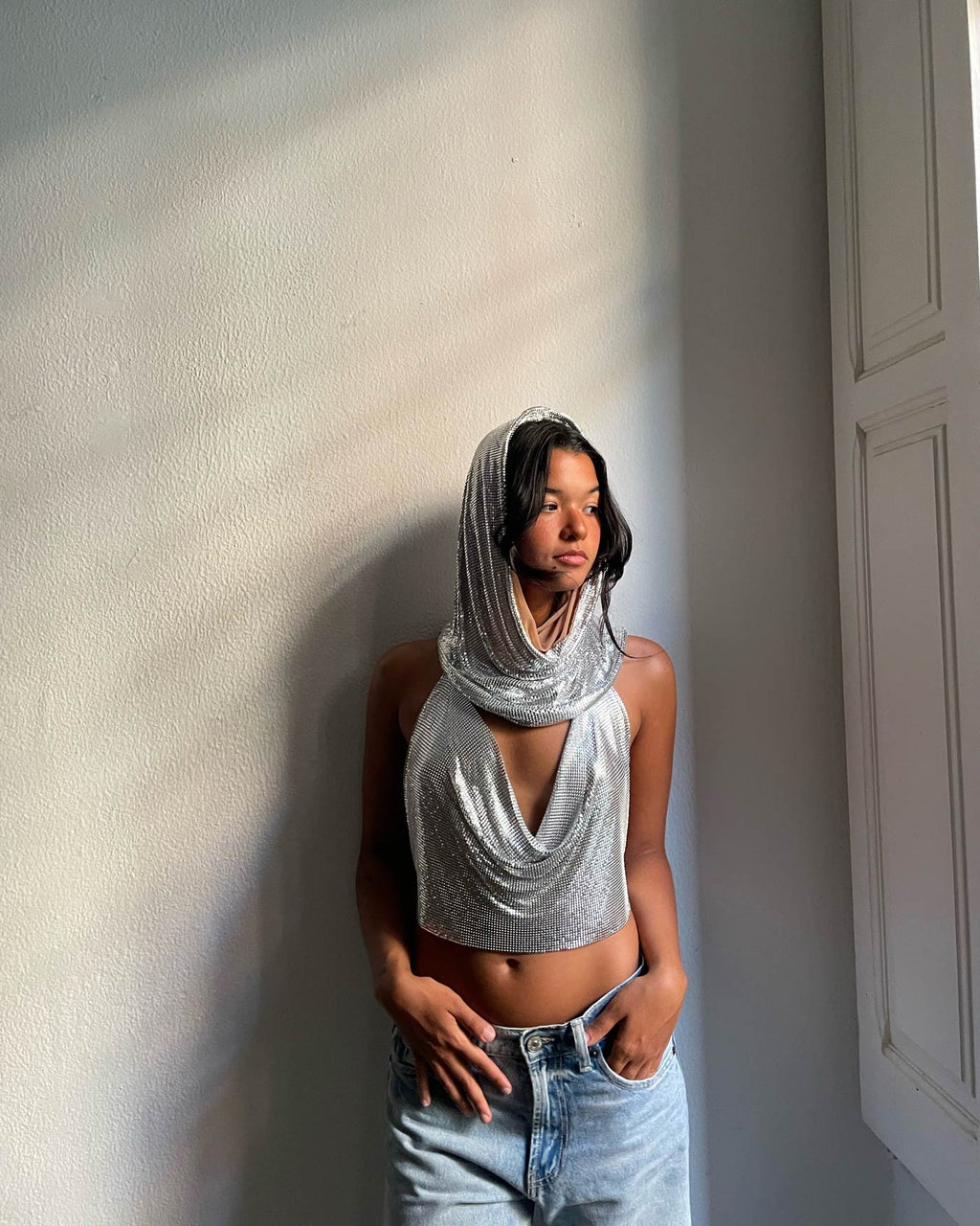 Chainmail metal mesh Cowl crop Top with hood. The hood is detachable. Party outfit, festival rave look