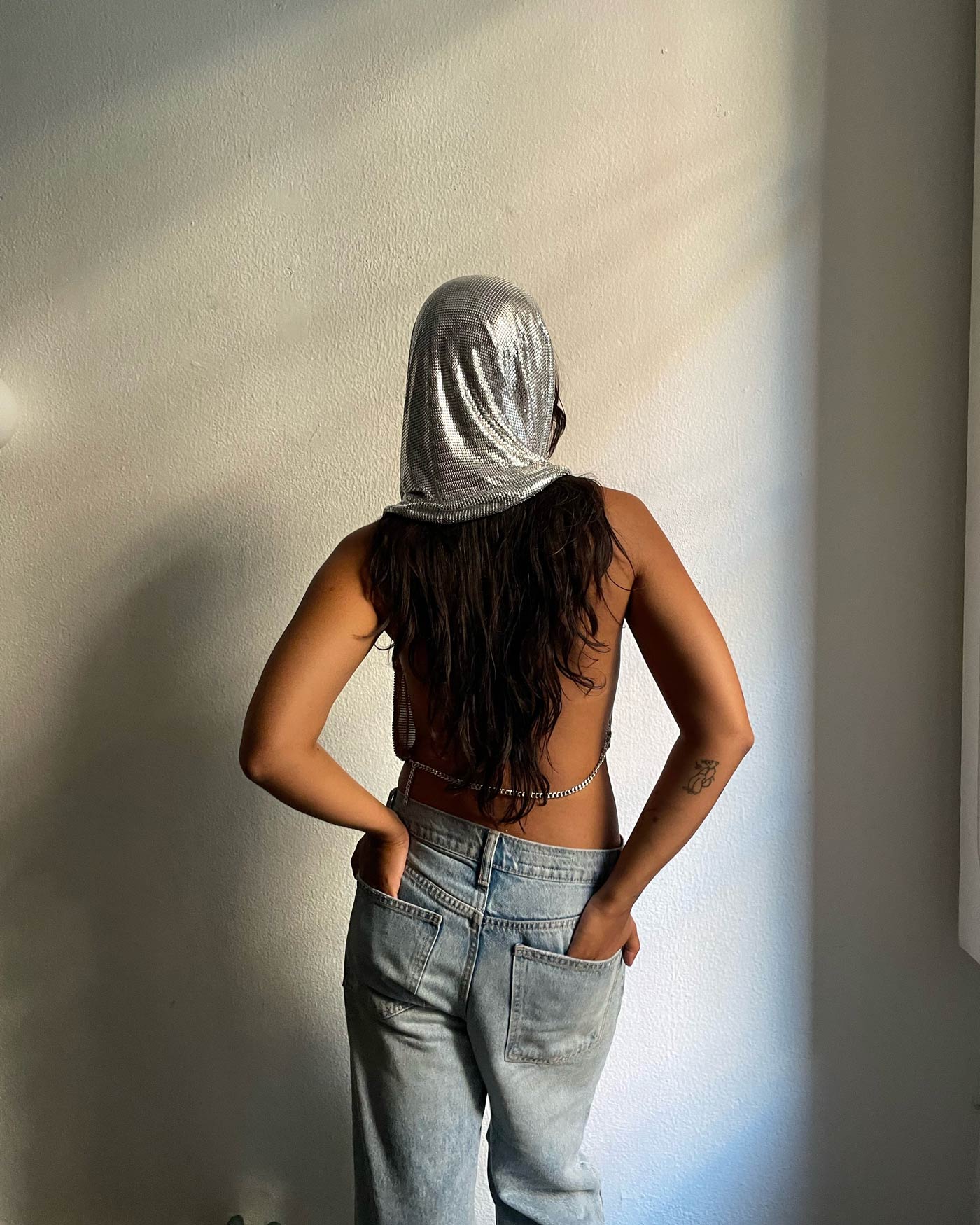 Chainmail metal mesh Cowl crop Top with hood. The hood is detachable. Party outfit, festival rave look