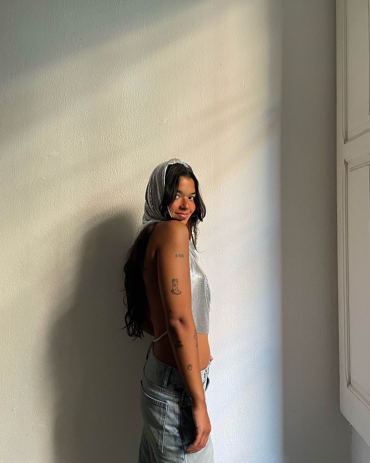 Chainmail metal mesh Cowl crop Top with hood. The hood is detachable. Party outfit, festival rave look