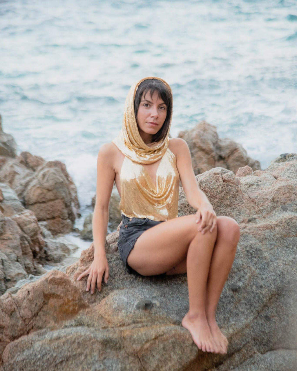 Chainmail metal mesh cowl crop top with hood. Party rave festival look