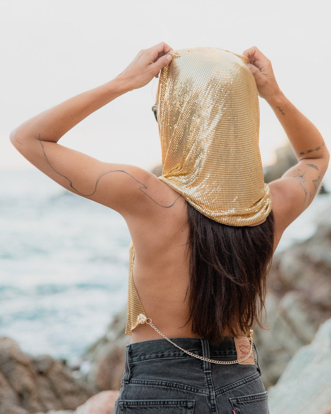 Venus Chainmail Mesh Hood Top in Gold