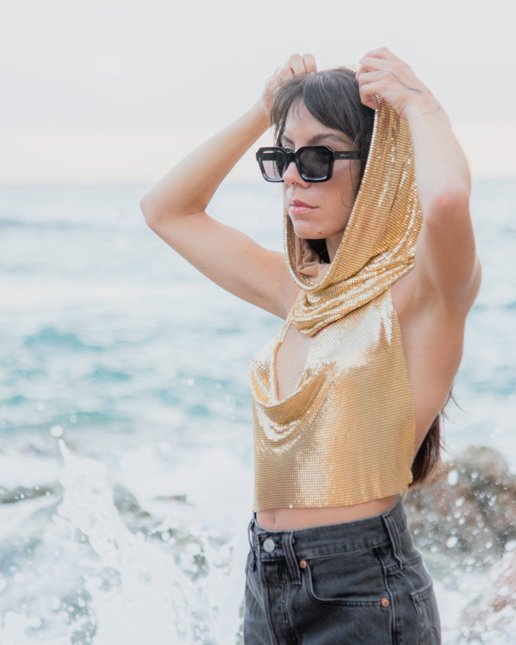 Venus Chainmail Hood Top in Gold