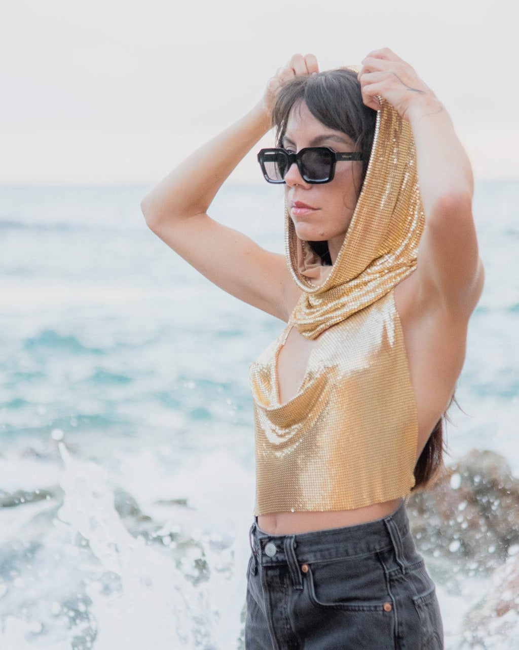 Chainmail metal mesh cowl crop top with hood. Party rave festival look