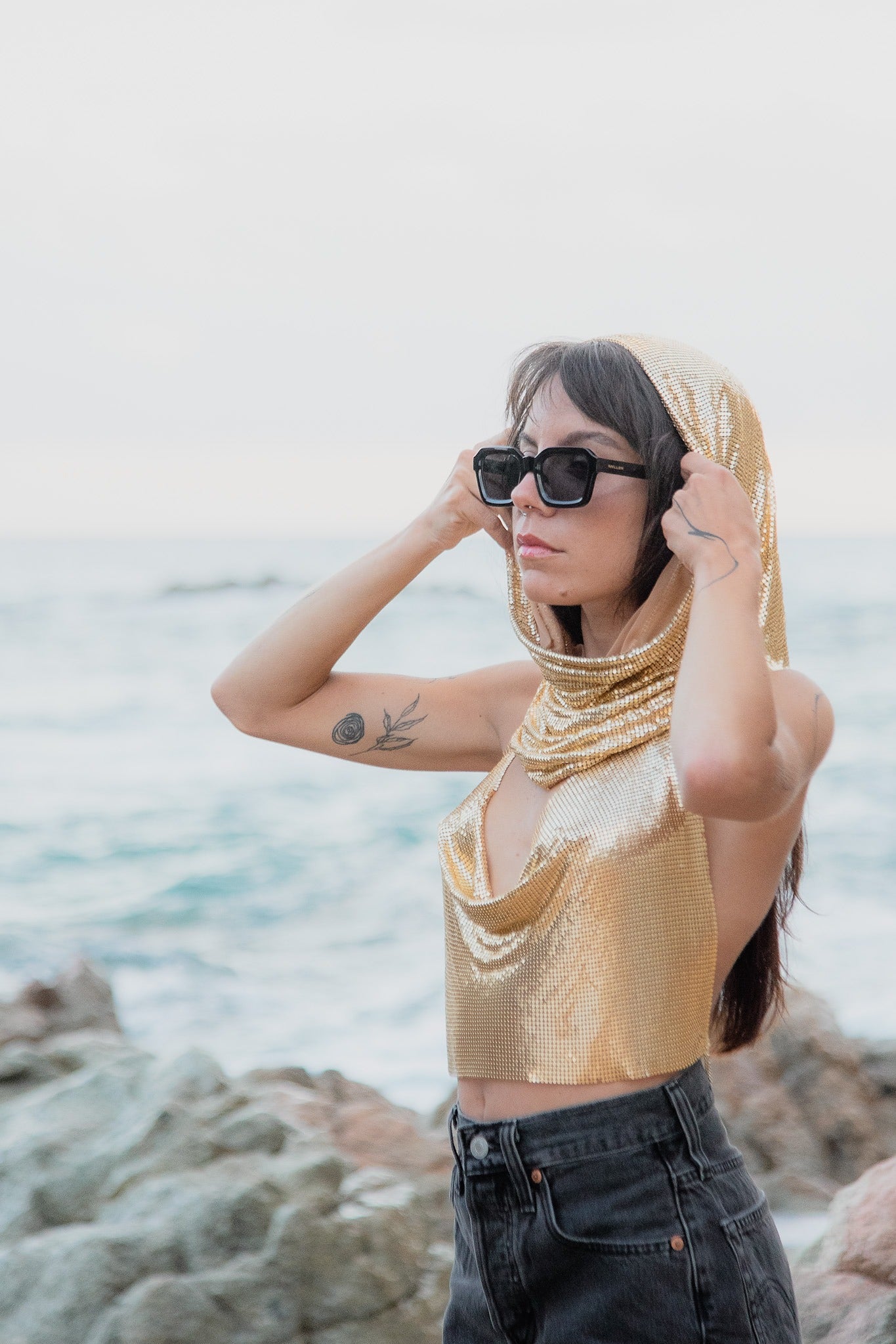 Chainmail metal mesh top in Gold. Sequin edgy top.