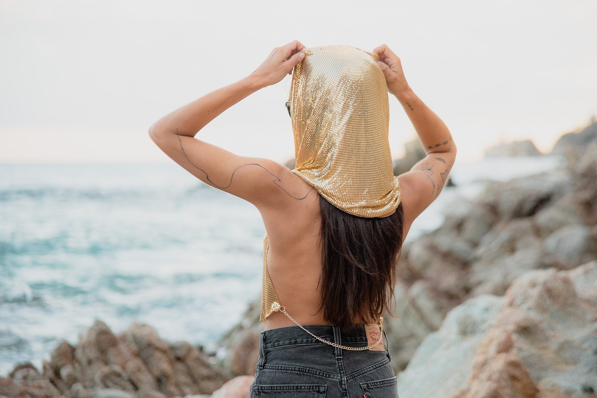 Chainmail metal mesh top in Gold. Sequin edgy top.